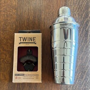 Stainless Steel Cocktail Shaker & cast iron wall mounted bottle opener